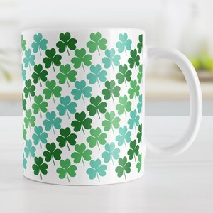 Green Teal Clovers Mug, cute pattern with shamrocks, St Patrick&#39;s Day gift - 11oz or 15oz ceramic coffee mug or mug set available
