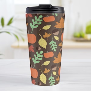 Fall Travel Mug, Autumn Pumpkin Leaves Acorns Pattern - Thanksgiving Travel Mug - 15oz stainless steel travel mug