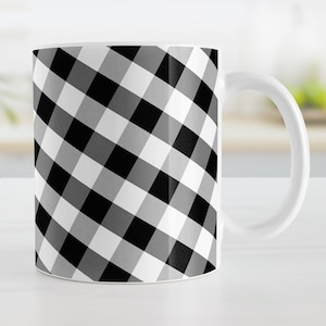 Black Gingham Mug – Slanted Check Pattern Coffee Cup in Black and White – Rustic Gift for Country Kitchen Decor – 11oz or 15oz