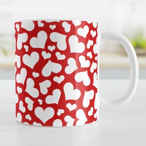 Cute White Hearts Red Mug, Hand-Drawn Heart Pattern on Red, Valentine’s Day or Everyday Gift for Heart Lovers – 11oz or 15oz Sizes
