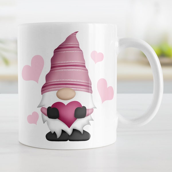 Pink Gnome Mug, cute gnome mug for her, pink heart, Valentine's Day mug - 11oz or 15oz ceramic coffee mug or mug set available