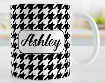 Personalized Houndstooth Mug, stylish black and white pattern - 11oz or 15oz ceramic coffee mug or mug set available