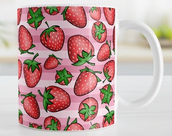 Strawberry Mug, pink stripes red green strawberries, spring summer fruit mug - 11oz or 15oz ceramic coffee mug or mug set available