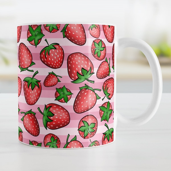 Strawberry Mug, pink stripes red green strawberries, spring summer fruit mug - 11oz or 15oz ceramic coffee mug or mug set available