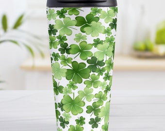Shamrocks 4-Leaf Clovers Travel Mug, pretty green pattern, St Patrick's Day gift - 15oz stainless steel travel mug