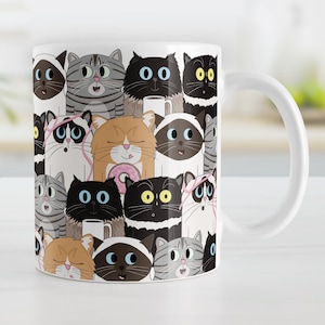 Cute Cat Stack Mug, Fun Coffee Cup with Stacked Cats, Yarn, Donuts, and Coffee, Gift for Cat Lovers and Vet Techs – 11oz or 15oz