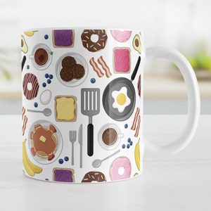 Breakfast Food Pattern Mug, Fun Gift for Foodies and Diners, Ceramic Coffee Cup, Individual or Discounted Set, 11oz or 15oz