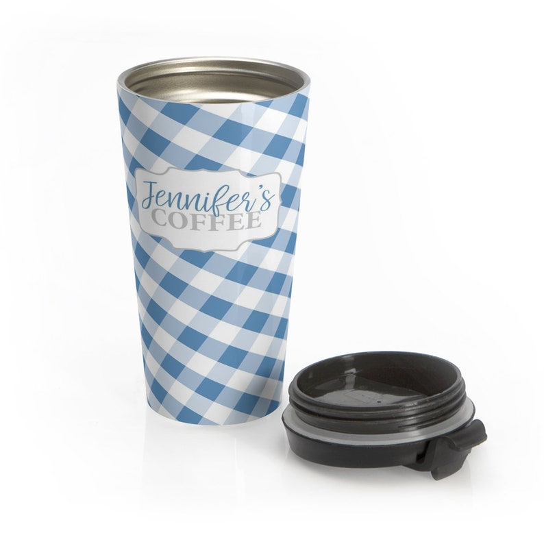 15oz stainless steel travel mug check pattern in blue and white Personalized Blue Gingham Travel Mug