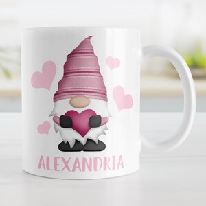 Personalized Pink Gnome Mug – Custom Name Heart Coffee Cup – Cute Pink Gift for Her – Dishwasher Safe – 11oz or 15oz