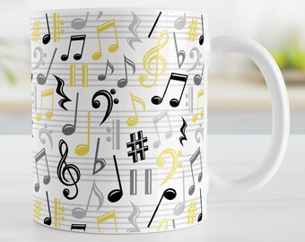 Yellow Music Notes Pattern Mug, gift for musician music teacher or music lover - 11oz or 15oz ceramic coffee mug or mug set available