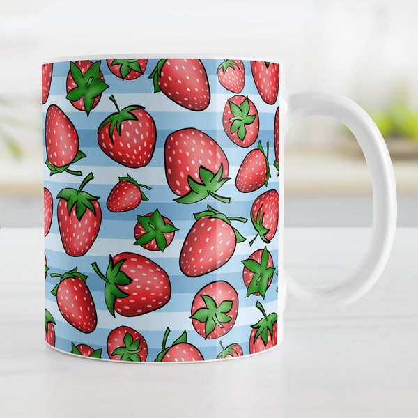 Strawberry Mug, blue stripes red green strawberries, spring summer fruit mug - 11oz or 15oz ceramic coffee mug or mug set available