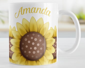 Personalized Sunflower Mug, yellow flower with dotted brown center, sunflower gift - 11oz or 15oz ceramic coffee mug or mug set available