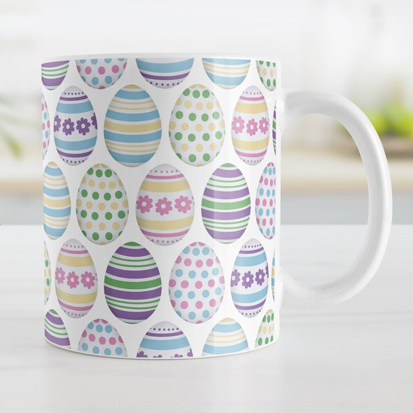 Easter Eggs Mug, colorful spring holiday decorated eggs pattern, Easter mug - 11oz or 15oz ceramic coffee mug or mug set available