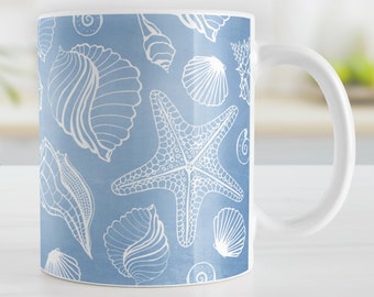 Blue Beach Mug, white seashell pattern, beach gift  - 11oz or 15oz ceramic coffee mug or mug set available