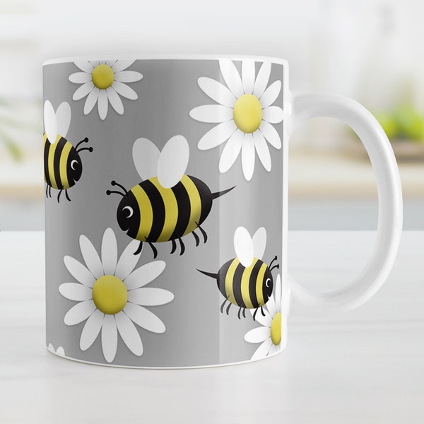 Cute Bee Mug, happy bees daisies pattern yellow gray, bee gift - 11oz or 15oz ceramic coffee mug or mug set available