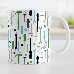 Tools Pattern Mug, green blue gray black, handyman gift, father&#39;s day gift - 11oz or 15oz ceramic coffee mug or mug set available