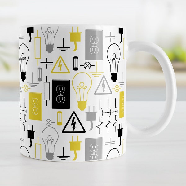 Electrical Pattern Mug, yellow gray black, electricity theme, electrician gift - 11oz or 15oz ceramic coffee mug or mug set available
