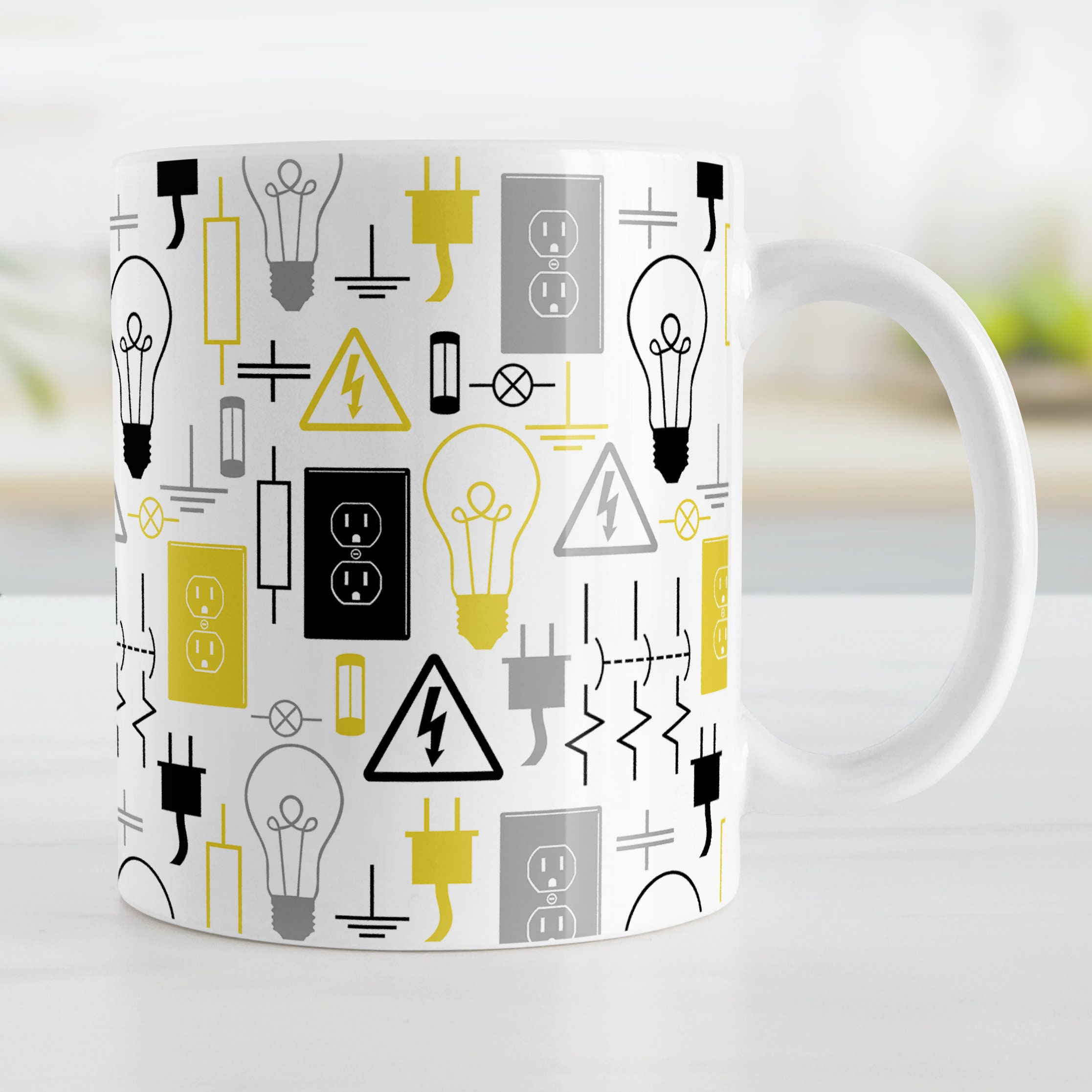 Electrical Pattern Mug, yellow black electricity electrician gift, Father's Day gift - 11oz or 15oz ceramic coffee mug or mug set available