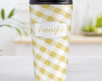Personalized Yellow Gingham Travel Mug, Custom Name Gift, Insulated Stainless Steel, Dishwasher-Safe, 15oz