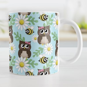Cute Spring Mug, Colorful Coffee Cup with Owls, Bees, Daisies, and Leaves - Gift for Owl Lovers and Spring Decor Fans – 11oz or 15oz Sizes