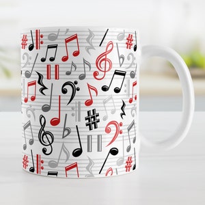Red Music Notes Pattern Mug, musician music teacher or music lover, music gift - 11oz or 15oz ceramic coffee mug or mug set available