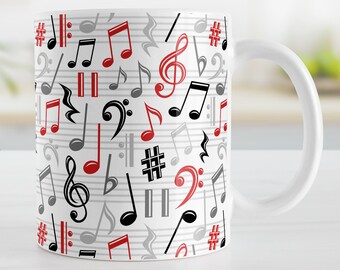 Red Music Notes Pattern Mug, musician music teacher or music lover, music gift - 11oz or 15oz ceramic coffee mug or mug set available