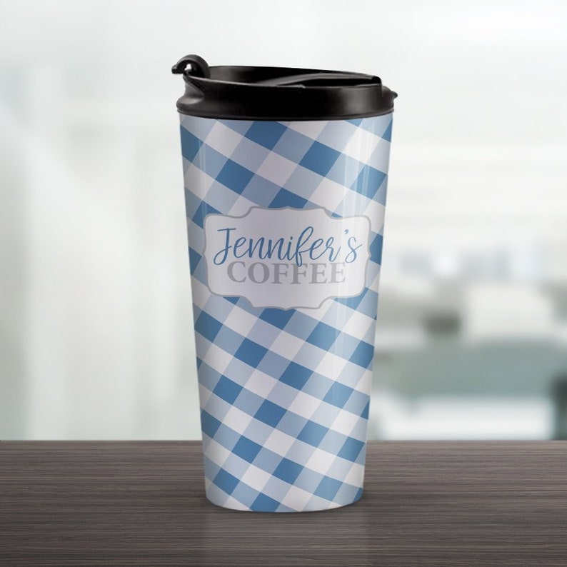 15oz stainless steel travel mug check pattern in blue and white Personalized Blue Gingham Travel Mug