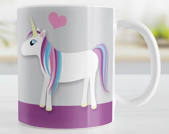 Cute Unicorn Mug, pink heart over purple gray - 11oz or 15oz ceramic coffee mug or mug set available