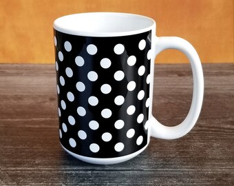 Black Polka Dot Mug - 11oz or 15oz ceramic coffee mug or mug set available