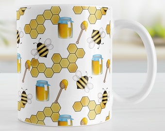 Honey Jar Bee Pattern Mug, cute bees with honeycomb, bee themed gift - 11oz or 15oz ceramic coffee mug or mug set available