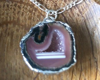 Vintage Pink Geode Stone Necklace on a Sterling Silver Chain, 19 inches