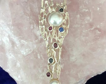 Vintage sterlingzilveren ketting, plakparel en edelsteen, 16 inch