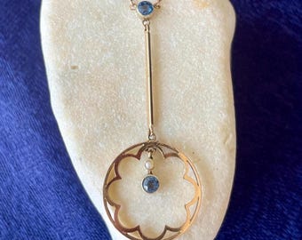 Antique 9ct Sapphire Lavaliere Necklace, 9K Solid Gold (3.7g)