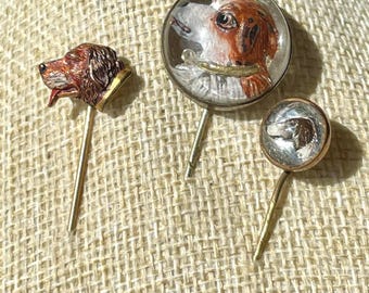 Antique 3 Dog Brooch Stickpins, Yellow Metal UK