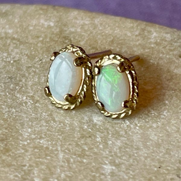 Vintage 9ct Natural White Opal Stud Earrings, UK Hallmark