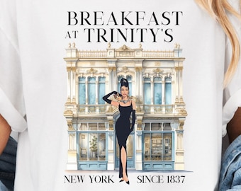 Custom Breakfast At Trinity's T-Shirt Audrey Hepburn Fan Vintage NYC Style Gift for For Her Bridal Party Shower Theme Girls Brunch Shirt