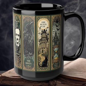 May include: Black ceramic mug featuring illustrations inspired by Edgar Allan Poe's works. The design includes images of a raven, a haunted house, an hourglass, and the text "The Raven" and "The Black Cat". The mug is set on an open book.