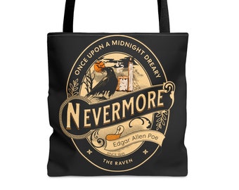 May include: Black tote bag with a circular design featuring a raven, a pumpkin, and a burning candle. The text "Once Upon A Midnight Dreary" and "Nevermore" are in a gold font. The text "Edgar Allen Poe" and "The Raven" are also included in the design.