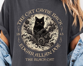 Gothic Cat TShirt Edgar Allan Poe The Black Cat Dark Academia Cottagecore Aesthetic Book Lover Gift Haunting Apparel Halloween Fall Tee