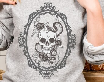 Vintage Skull and Snake Graphic Sweatshirt, Witchy Season Goblincore Gift, Skull Snake, Mystical Gothic Sweater, Mythology Tee