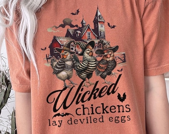 Halloween-t-shirt med heksar för djurälskare, rolig galen kyckling, bondgårdsdjur, hösttröja, Thanksgiving, Halloween