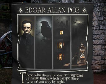 Sac fourre-tout Edgar Allan Poe, cadeau littéraire gothique pour amateur de livres, accessoire macabre sombre du milieu universitaire, fourre-tout d'Halloween, cartable d'automne pour poète