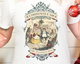 En julsaga-tröja, vintage Charles Dickens viktoriansk, Scrooge Fezziwigs bal, jultradition julfilm t-shirt boklig jul