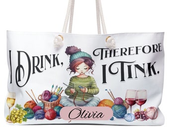 May include: White canvas tote bag with a colorful illustration of a woman knitting and drinking wine. The text "I Drink, Therefore I Tink" is printed on the bag. The name "Olivia" is printed on a pink tag.