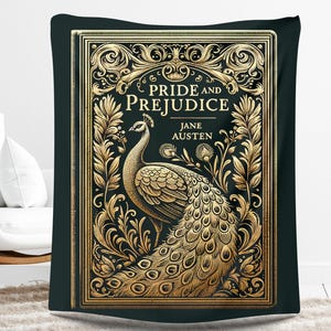May include: A dark green tapestry with a gold peacock design. The tapestry features the title "Pride and Prejudice" by Jane Austen.
