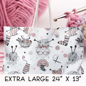 Large Knitting, Crochet Project Tote Bag, Extra Large Yarn Storage Shoulder Bag, Gift for Knitter, Crocheter, Large Travel Tote