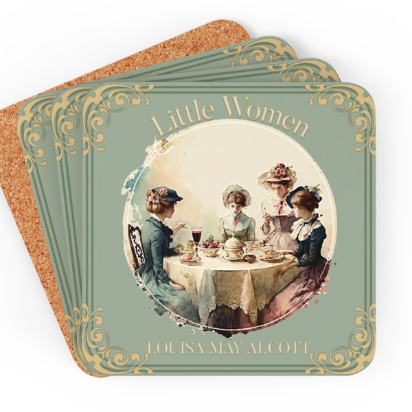Little Women Coffee Mug Coasters, Louisa May Alcott Historical Romance Home Decor Bookish Bookclub Literary Set of 4 Fan Art Gifts