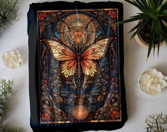 May include: A stained glass style illustration of a butterfly with orange and yellow wings against a dark background. The butterfly is surrounded by intricate floral designs and a circular pattern in the center.