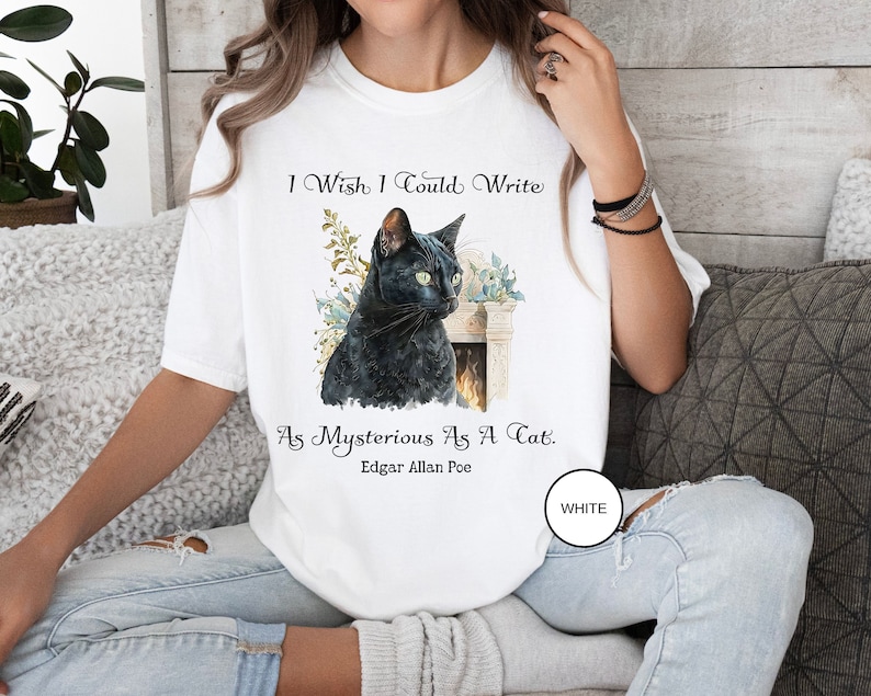 Edgar Allan Poe T-Shirt The Black Cat Nevermore The Raven Poe Fan Art Poetry Book Lover, Dark Cottagecore Macabre Gift, Light, Dark Academia image 1