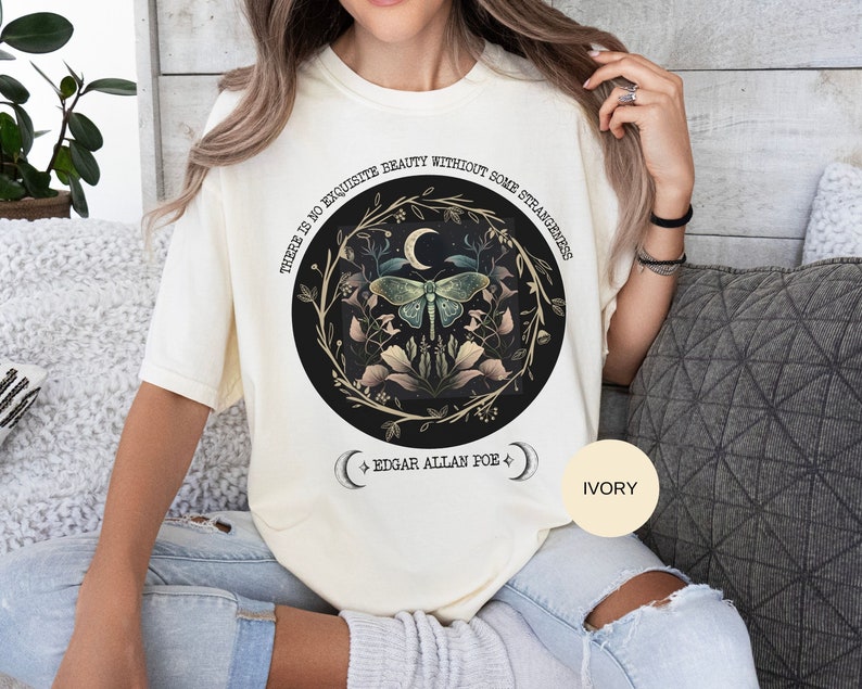 Edgar Allan Poe Fairycore Tshirt Night Garden Comfort Colors Tee Gift For Book Lover Cottagecore Gothic Botanical Light Dark Academia Gifts image 6